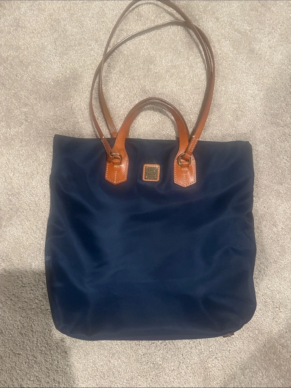 Dooney & Bourke Navy Tote with Tan Leather Trim